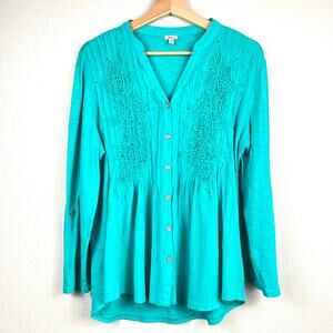 Women's Reba Crochet Embellished Button Up Roll Tab‎ Tunic Shirt Size Medium